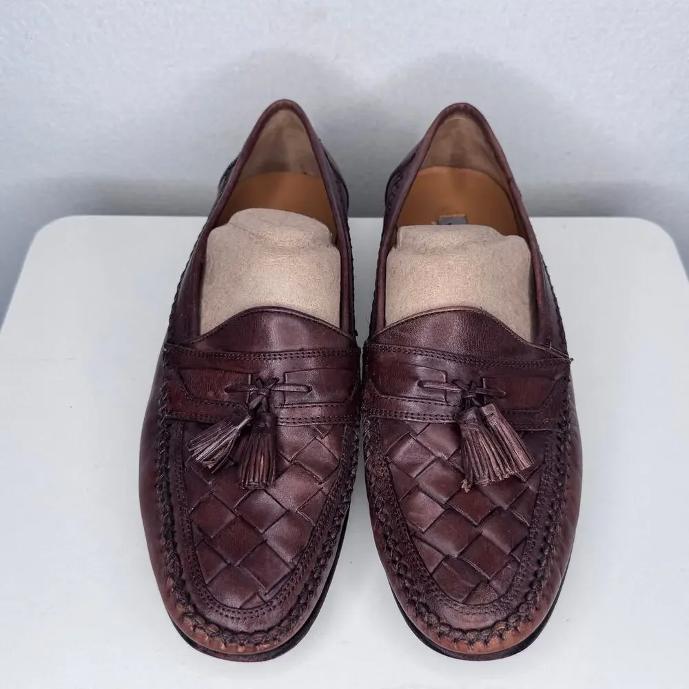 1990s Johnston & Murphy Brown Leather Preppy Woven Tassel Loafers Men’s 10.5M